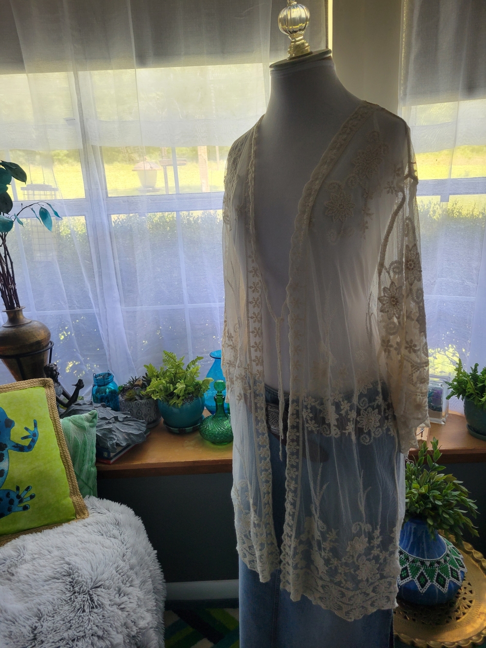 Roommates Ivory Floral Embroidered Sheer Kimono Duster